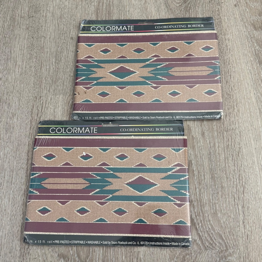 Vintage Colormate Southwestern Wallpaper Border 2 Rolls Teal Burgundy 1995 Sears